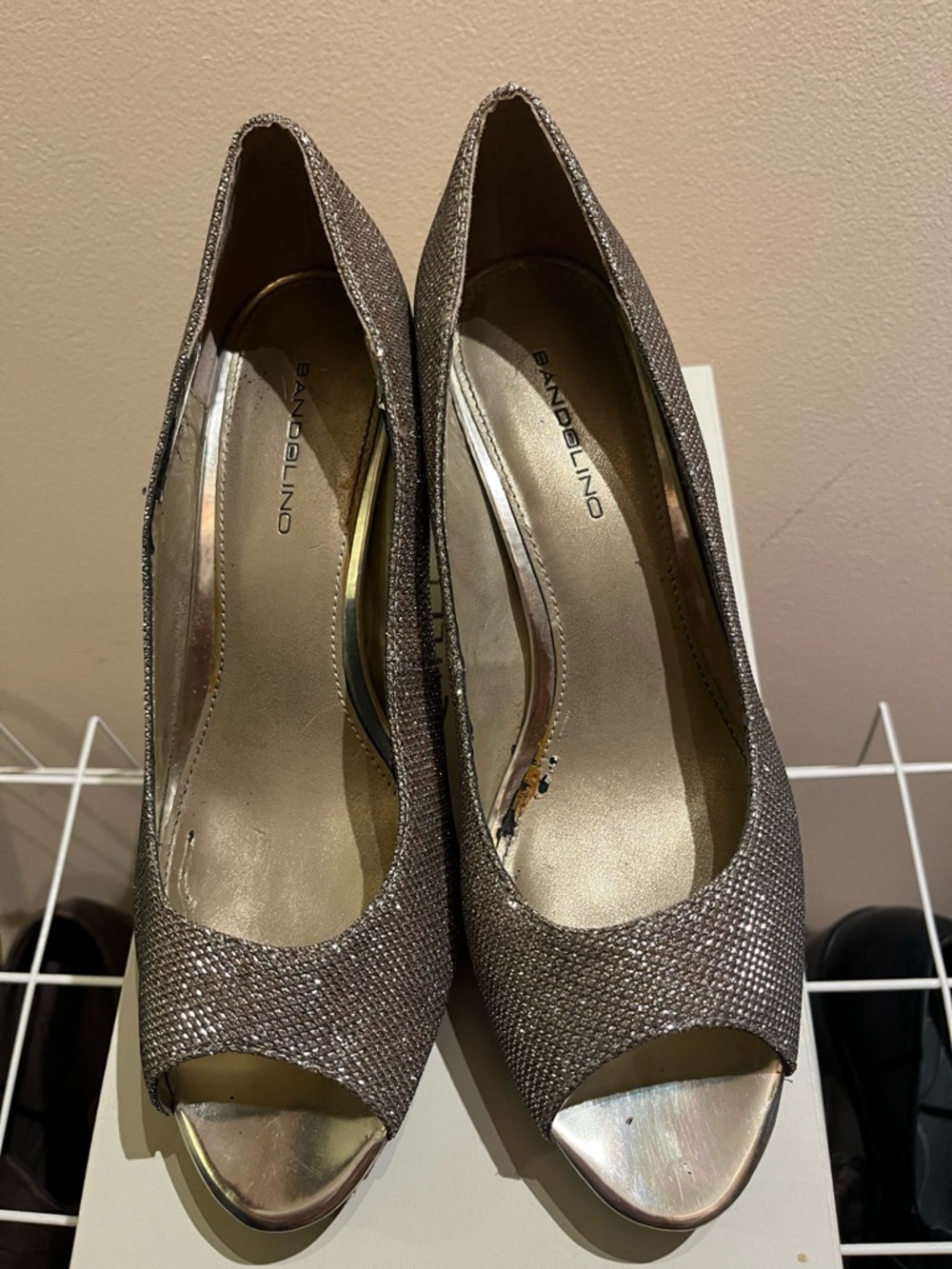 Bandolino Glitter Peep-Toe Heels in Metallic Taupe